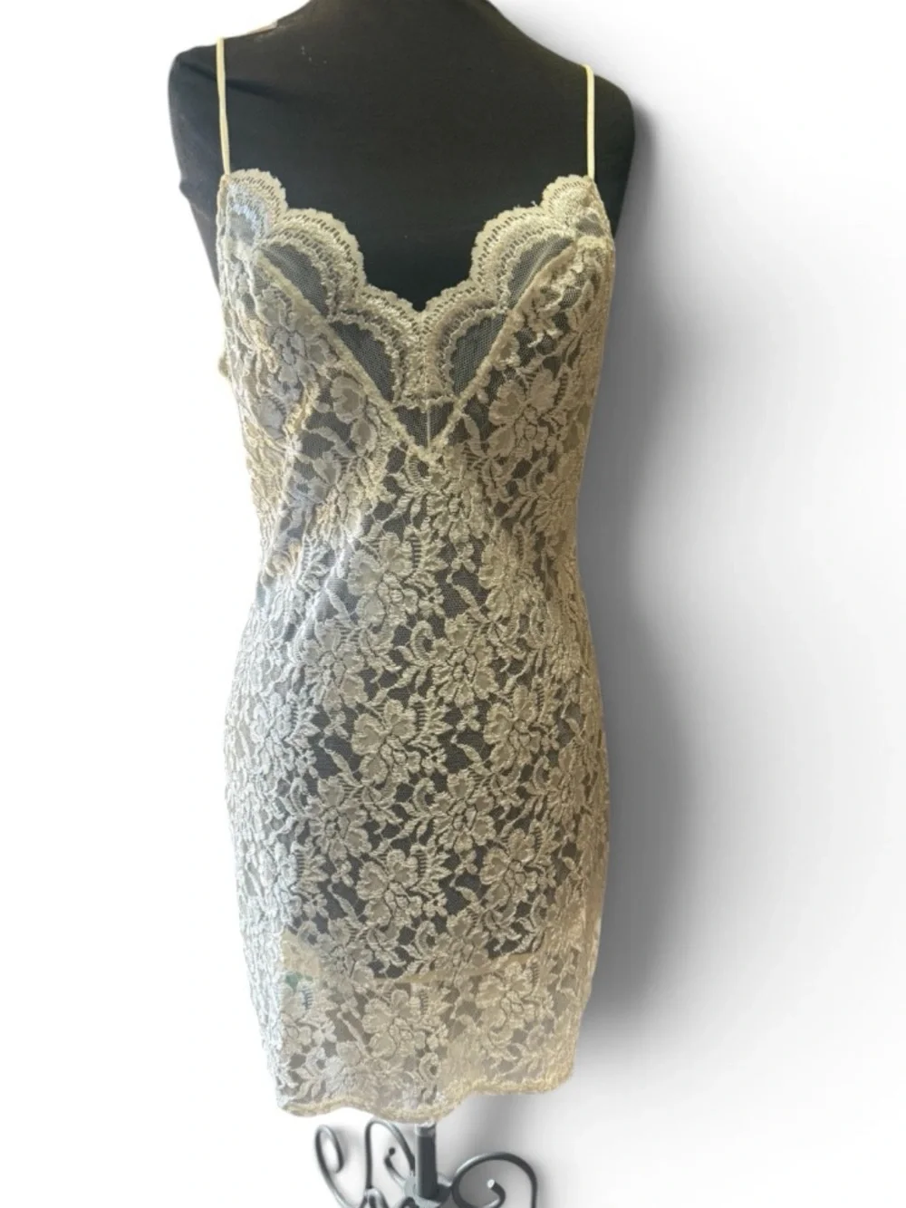 Vintage Ivory Sheer Lace Front Slip Dress Chemise USA Size S Bridal Layering